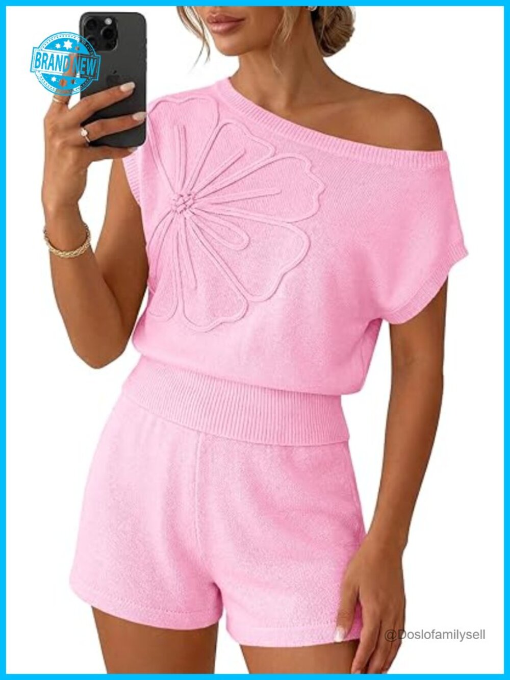Off Shoulder 2 Piece Sweater Set Short Sleeve Floral Matching Lounge Shorts Set